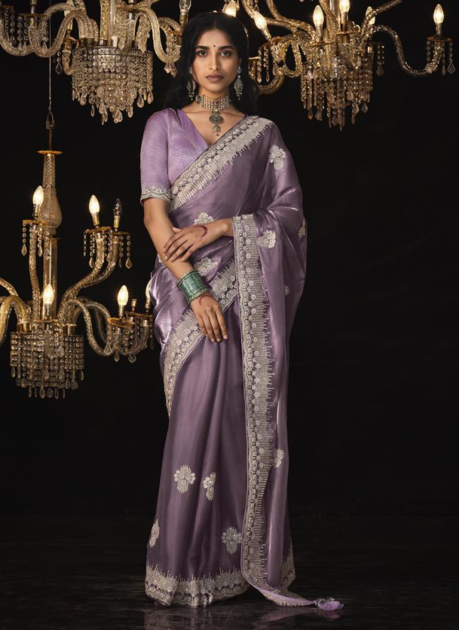 Glass Tissue Levender Party Wear Embroidery Work Saree